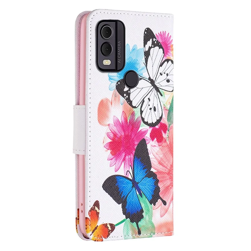 Funda de cartera con tapa con impresión de patrones de piel sintética para Nokia C22 con soporte - Dos mariposas