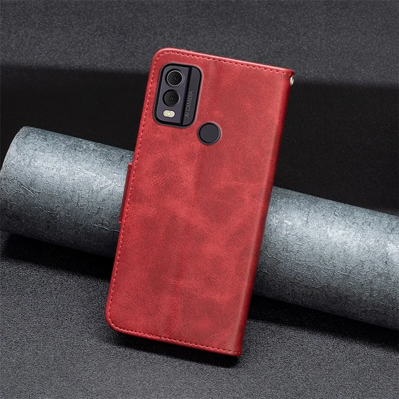 For Nokia C22 Solid Color Wallet Shockproof Cover Textured PU Leather Stand Phone Case - Red