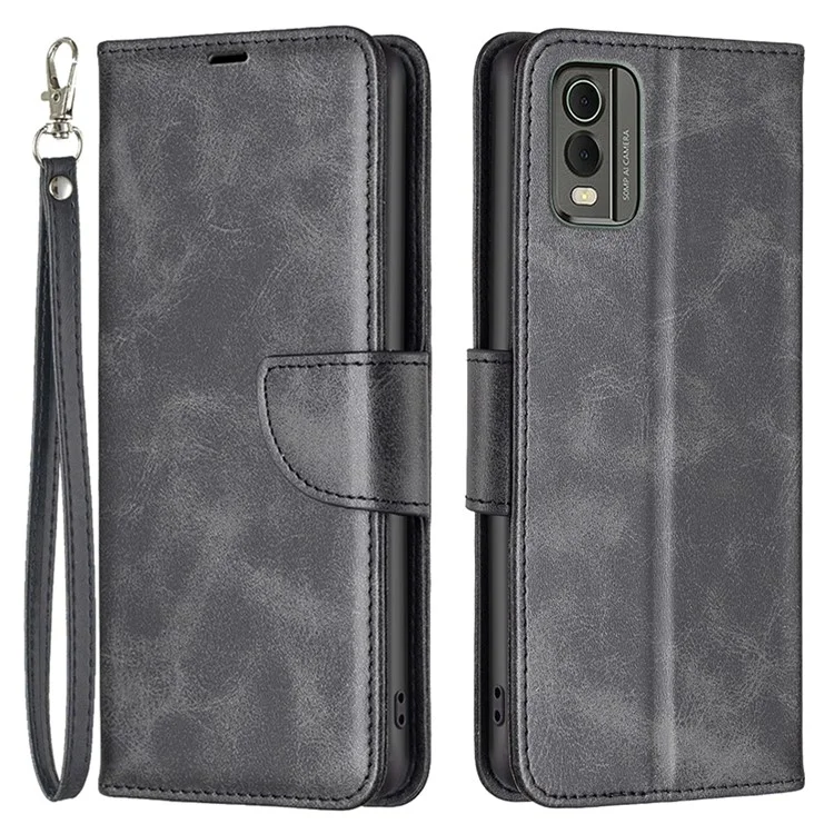Para Nokia C32 Textured PU Leather Stand Phone Case Anti-drop Solid Color Wallet Cover - Negro