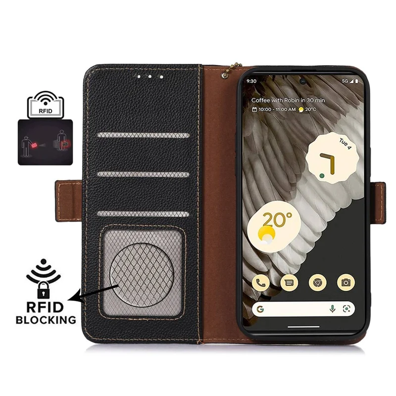 Pour Google Pixel 8 Pro Genuine Cow Leather Phone Cover RFID Blocking Wallet Stand Phone Case - Black