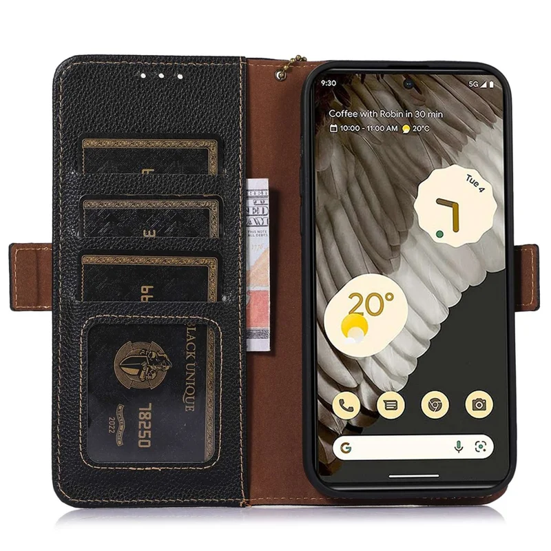 Pour Google Pixel 8 Pro Genuine Cow Leather Phone Cover RFID Blocking Wallet Stand Phone Case - Black