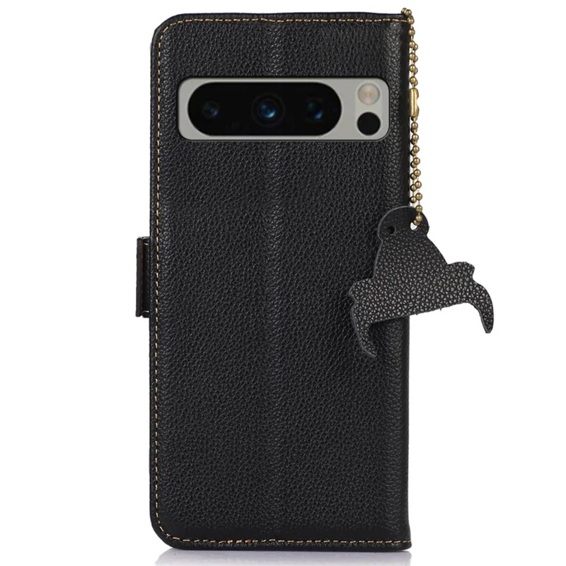 Pour Google Pixel 8 Pro Genuine Cow Leather Phone Cover RFID Blocking Wallet Stand Phone Case - Black