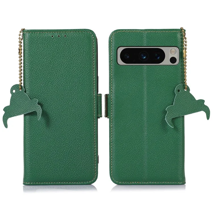 Per Google Pixel 8 Pro, Genuine Cow Leather Phone Cover RFID Blocking Wallet Stand Phone Case - Verde