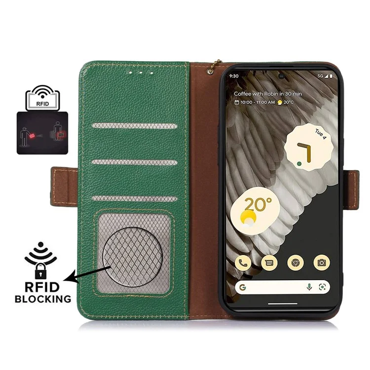 Per Google Pixel 8 Pro, Genuine Cow Leather Phone Cover RFID Blocking Wallet Stand Phone Case - Verde