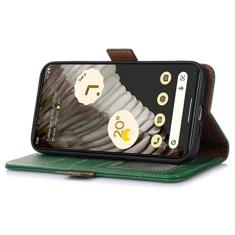Per Google Pixel 8 Pro, Genuine Cow Leather Phone Cover RFID Blocking Wallet Stand Phone Case - Verde