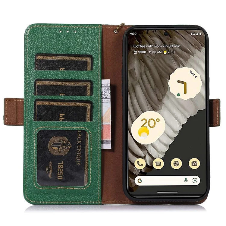 Per Google Pixel 8 Pro, Genuine Cow Leather Phone Cover RFID Blocking Wallet Stand Phone Case - Verde