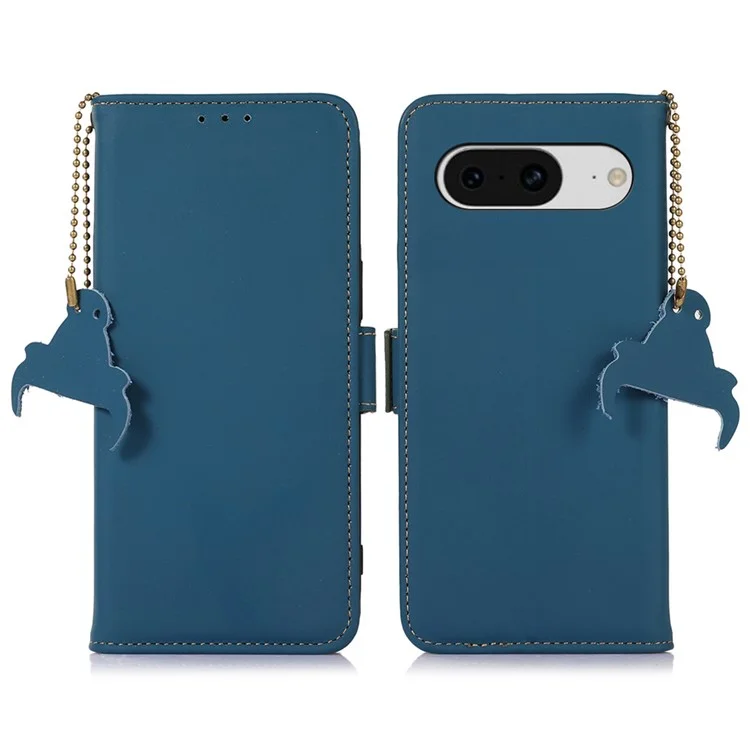 Per Google Pixel 8 RFID Blocking Wallet Genuine Cow Leather Phone Case Shockproof Stand Cover - Blu
