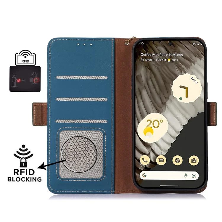 Per Google Pixel 8 RFID Blocking Wallet Genuine Cow Leather Phone Case Shockproof Stand Cover - Blu