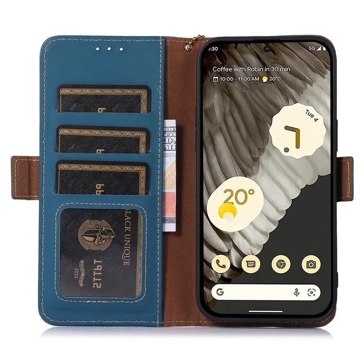 Per Google Pixel 8 RFID Blocking Wallet Genuine Cow Leather Phone Case Shockproof Stand Cover - Blu