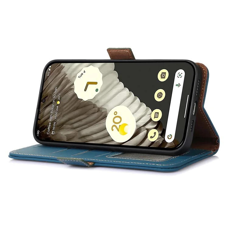 Per Google Pixel 8 RFID Blocking Wallet Genuine Cow Leather Phone Case Shockproof Stand Cover - Blu