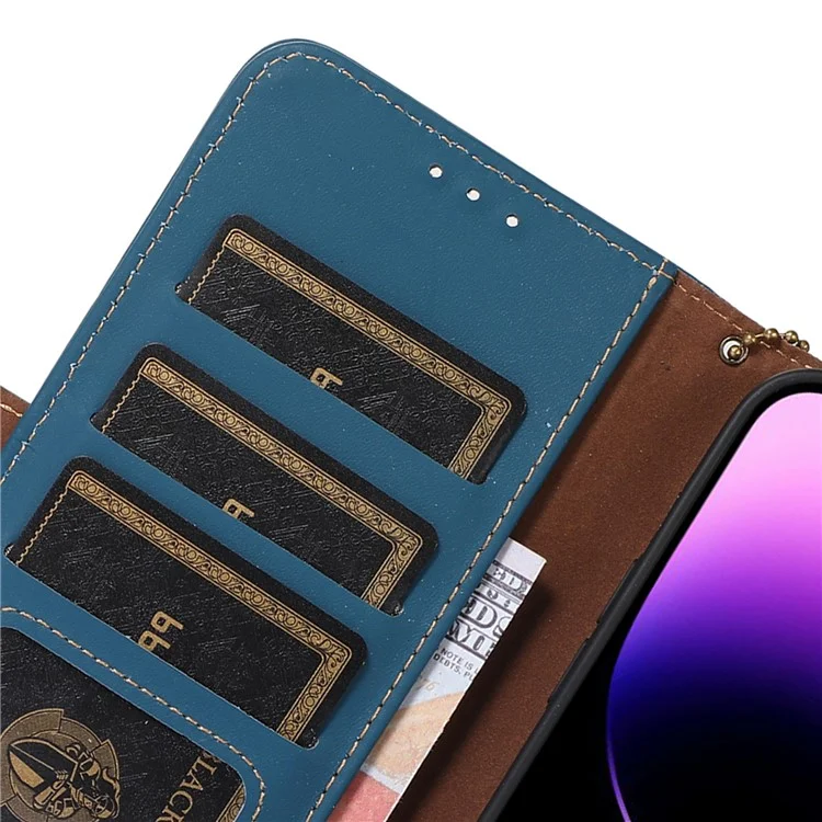 Per Google Pixel 8 RFID Blocking Wallet Genuine Cow Leather Phone Case Shockproof Stand Cover - Blu