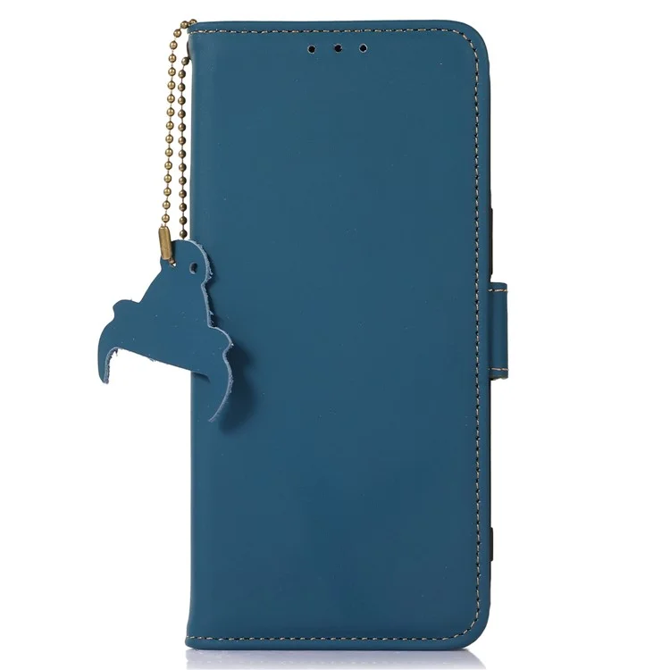 Per Google Pixel 8 RFID Blocking Wallet Genuine Cow Leather Phone Case Shockproof Stand Cover - Blu