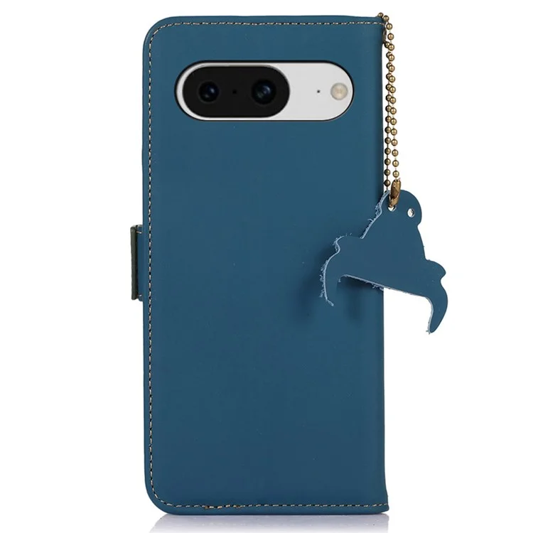Per Google Pixel 8 RFID Blocking Wallet Genuine Cow Leather Phone Case Shockproof Stand Cover - Blu