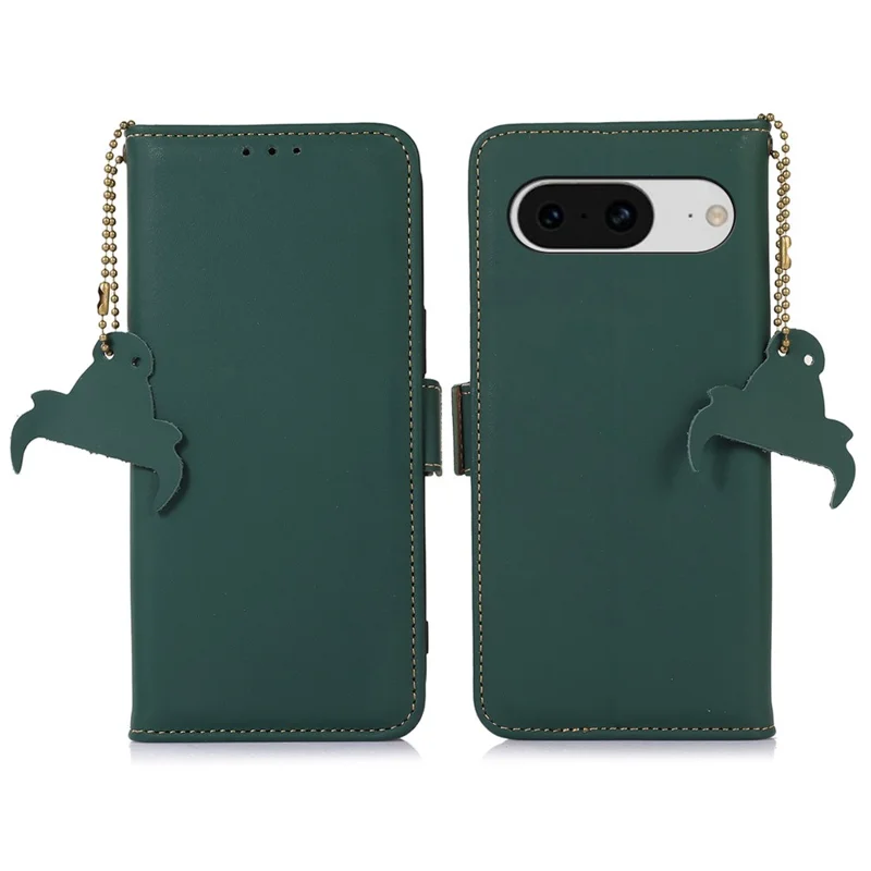 Para Google Pixel 8 RFID Blocking Wallet Genuine Cow Leather Phone Case Shockproof Stand Cover - Verde