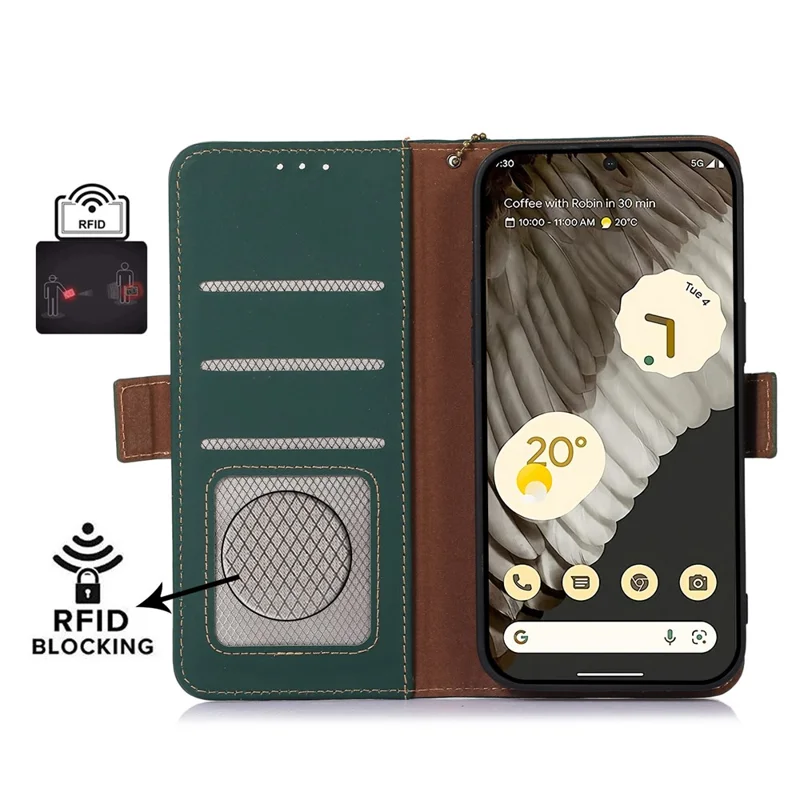 Para Google Pixel 8 RFID Blocking Wallet Genuine Cow Leather Phone Case Shockproof Stand Cover - Verde