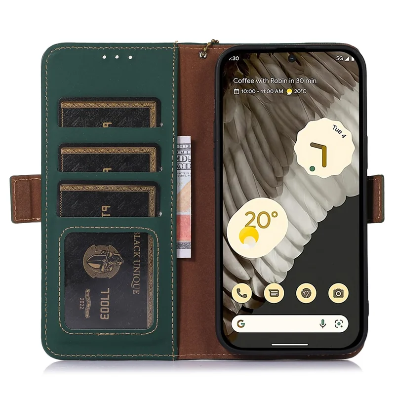 Para Google Pixel 8 RFID Blocking Wallet Genuine Cow Leather Phone Case Shockproof Stand Cover - Verde