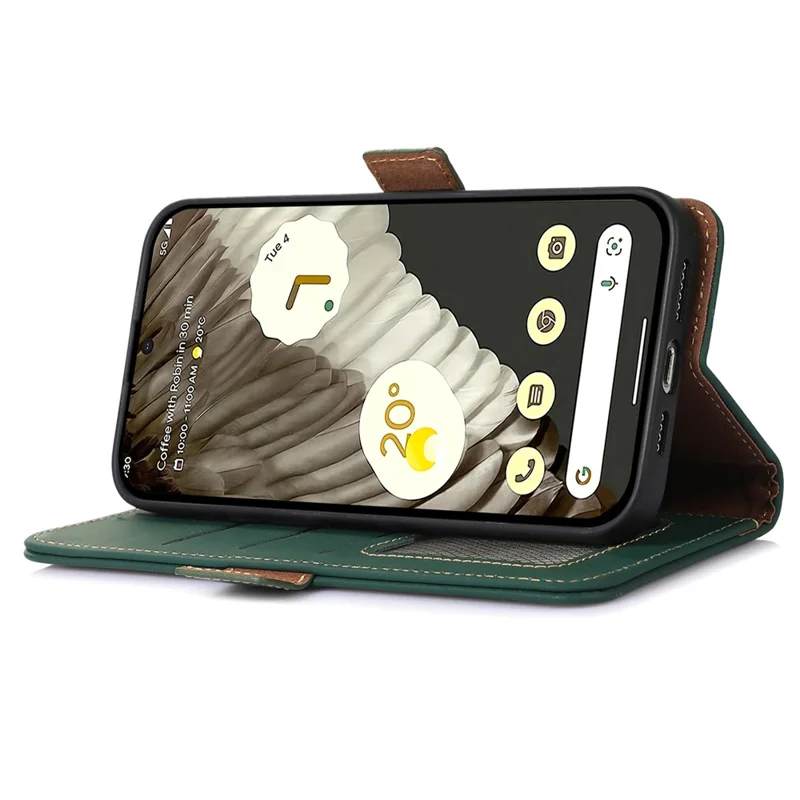 Para Google Pixel 8 RFID Blocking Wallet Genuine Cow Leather Phone Case Shockproof Stand Cover - Verde