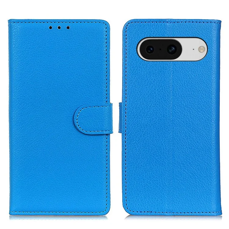 Mobile Case for Google Pixel 8 Litchi Texture Leather Wallet Flip Stand Drop-proof Phone Cover - Blue