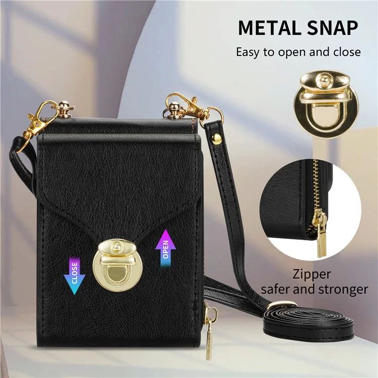 Per Samsung Galaxy Z Flip3 5G Zipper Card Bag Phone Case Leather+TPU+PC Cover with Shoulder Strap - Nero