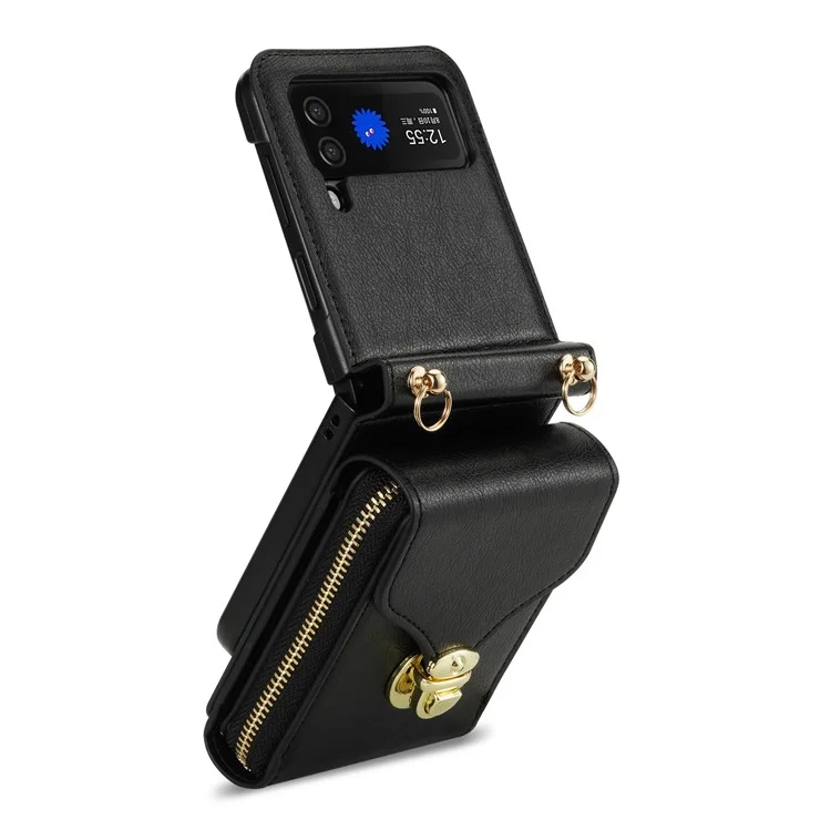 Per Samsung Galaxy Z Flip3 5G Zipper Card Bag Phone Case Leather+TPU+PC Cover with Shoulder Strap - Nero