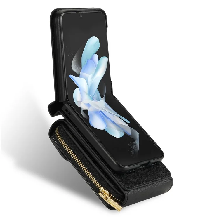 Per Samsung Galaxy Z Flip3 5G Zipper Card Bag Phone Case Leather+TPU+PC Cover with Shoulder Strap - Nero