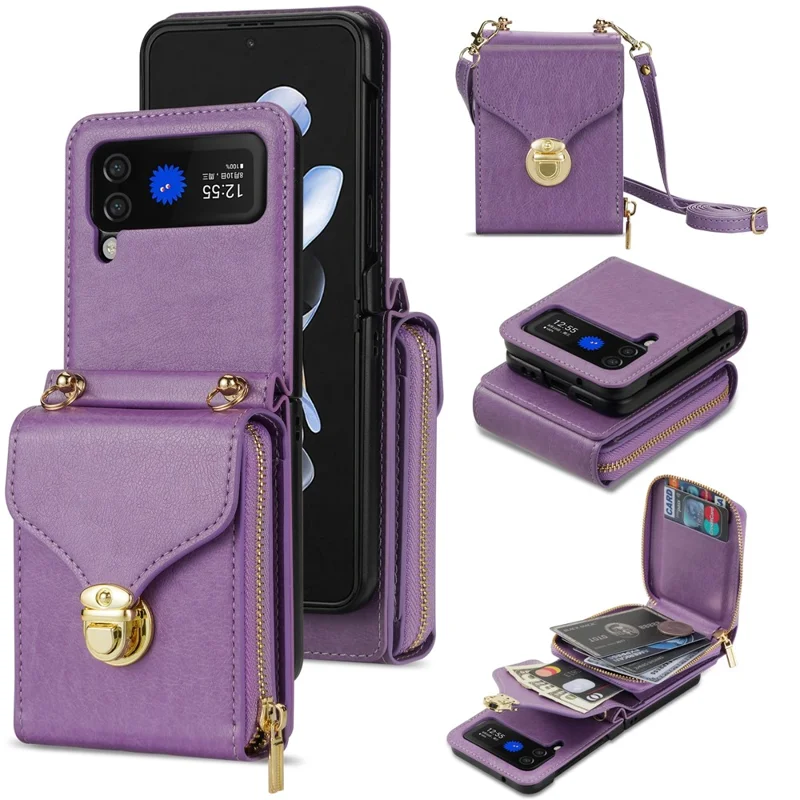 Para Samsung Galaxy Z Flip3 5G Bolsa de Zíper para Cartão Capa de Telefone de Couro+TPU+PC com Alça de Ombro - Roxo
