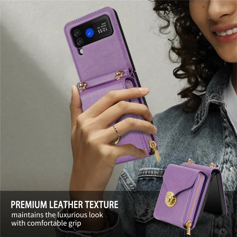 Para Samsung Galaxy Z Flip3 5G Bolsa de Zíper para Cartão Capa de Telefone de Couro+TPU+PC com Alça de Ombro - Roxo