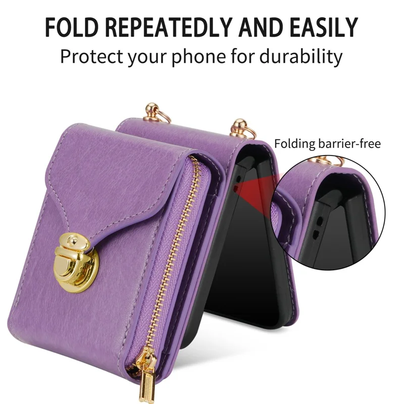Para Samsung Galaxy Z Flip3 5G Bolsa de Zíper para Cartão Capa de Telefone de Couro+TPU+PC com Alça de Ombro - Roxo