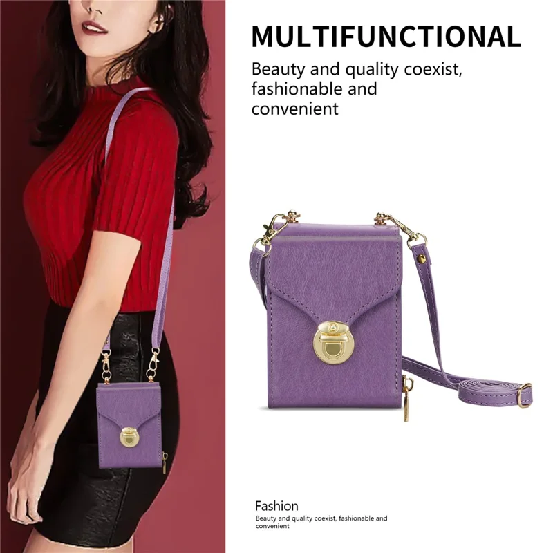Para Samsung Galaxy Z Flip3 5G Bolsa de Zíper para Cartão Capa de Telefone de Couro+TPU+PC com Alça de Ombro - Roxo
