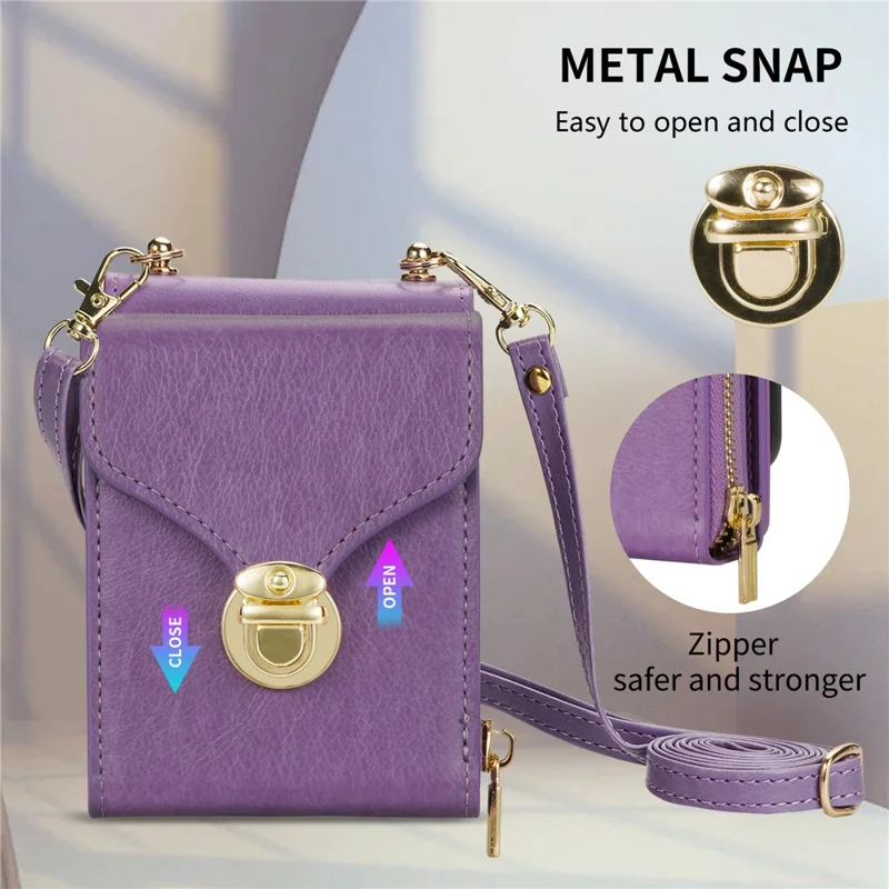Para Samsung Galaxy Z Flip3 5G Bolsa de Zíper para Cartão Capa de Telefone de Couro+TPU+PC com Alça de Ombro - Roxo