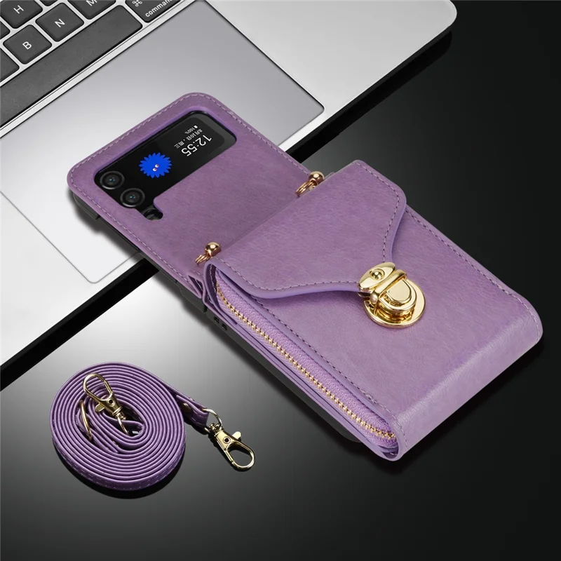 Para Samsung Galaxy Z Flip3 5G Bolsa de Zíper para Cartão Capa de Telefone de Couro+TPU+PC com Alça de Ombro - Roxo