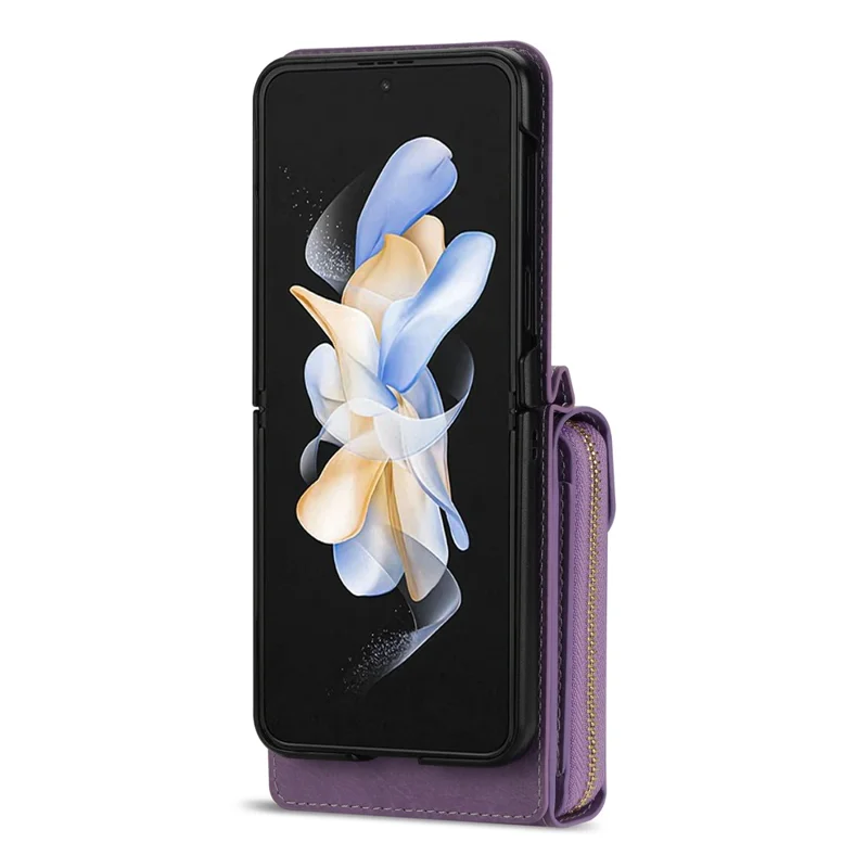 Para Samsung Galaxy Z Flip3 5G Bolsa de Zíper para Cartão Capa de Telefone de Couro+TPU+PC com Alça de Ombro - Roxo