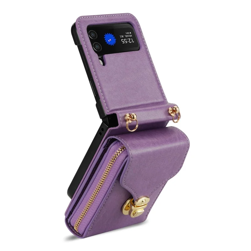 Para Samsung Galaxy Z Flip3 5G Bolsa de Zíper para Cartão Capa de Telefone de Couro+TPU+PC com Alça de Ombro - Roxo