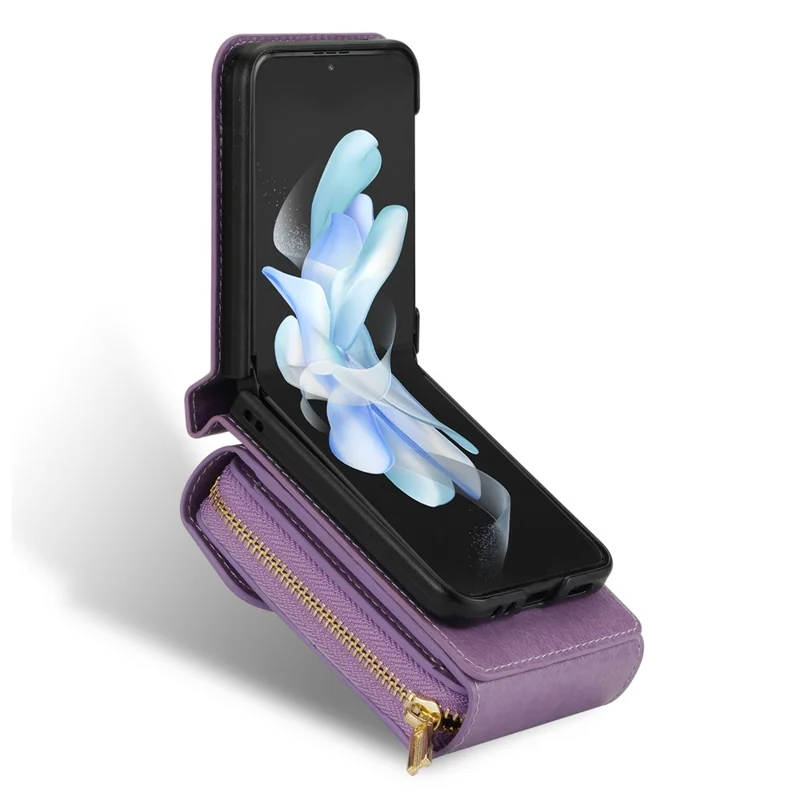 Para Samsung Galaxy Z Flip3 5G Bolsa de Zíper para Cartão Capa de Telefone de Couro+TPU+PC com Alça de Ombro - Roxo