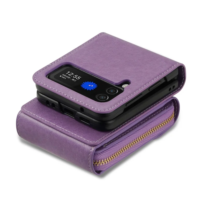 Para Samsung Galaxy Z Flip3 5G Bolsa de Zíper para Cartão Capa de Telefone de Couro+TPU+PC com Alça de Ombro - Roxo