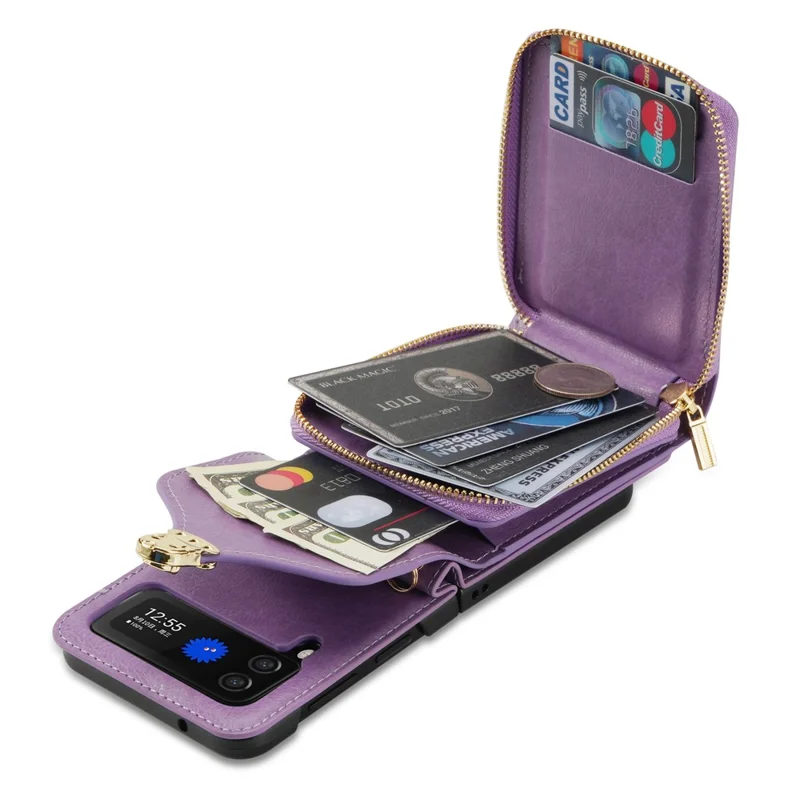Para Samsung Galaxy Z Flip3 5G Bolsa de Zíper para Cartão Capa de Telefone de Couro+TPU+PC com Alça de Ombro - Roxo