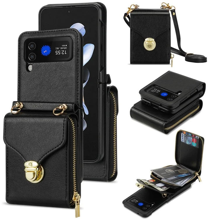 Для Samsung Galaxy Z Flip4 5G Zipper Pocket Card Slot Phone Case PU Leather+TPU+PC Protective Cover - Чёрный