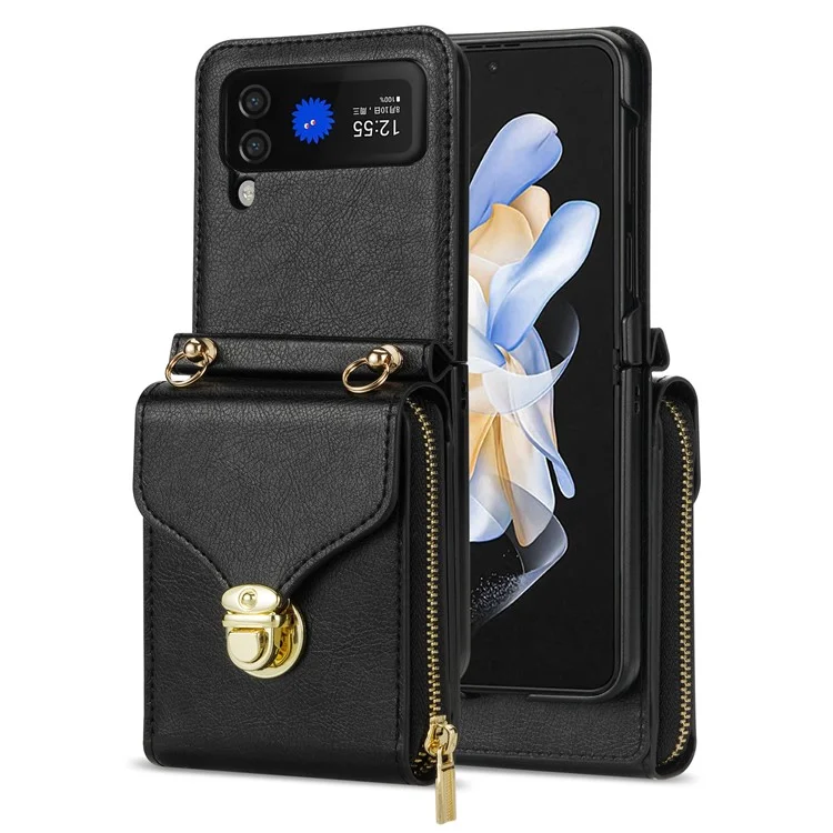 Для Samsung Galaxy Z Flip4 5G Zipper Pocket Card Slot Phone Case PU Leather+TPU+PC Protective Cover - Чёрный