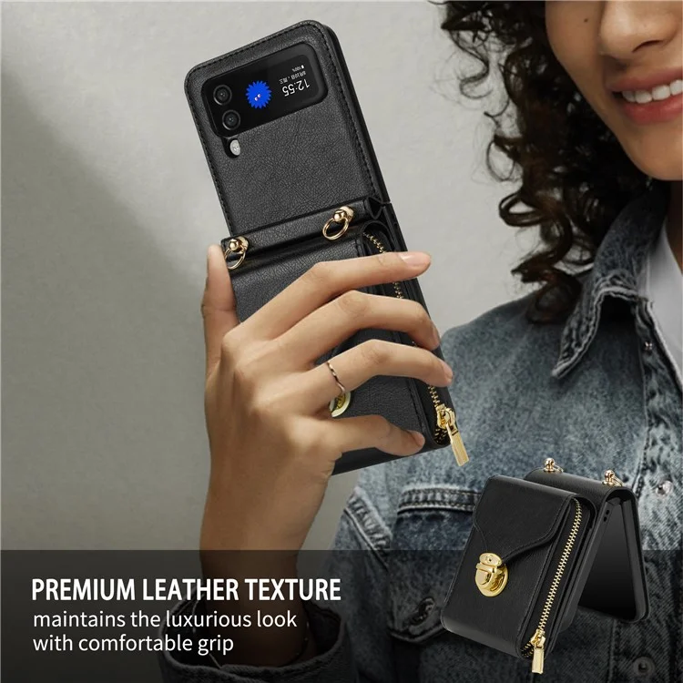 Для Samsung Galaxy Z Flip4 5G Zipper Pocket Card Slot Phone Case PU Leather+TPU+PC Protective Cover - Чёрный