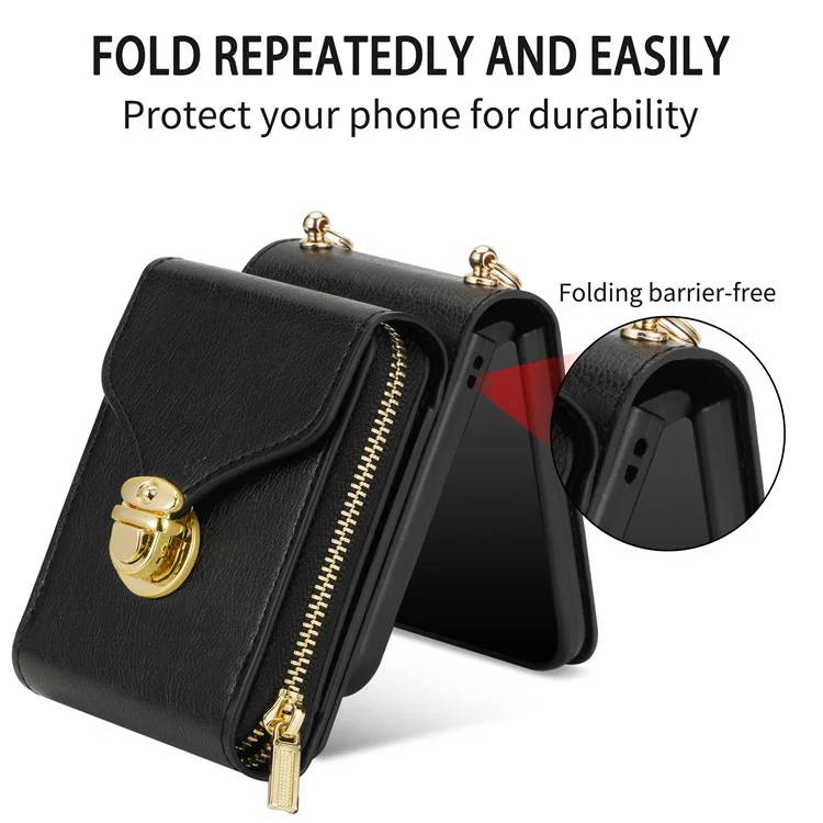 Для Samsung Galaxy Z Flip4 5G Zipper Pocket Card Slot Phone Case PU Leather+TPU+PC Protective Cover - Чёрный