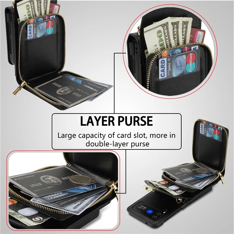 Для Samsung Galaxy Z Flip4 5G Zipper Pocket Card Slot Phone Case PU Leather+TPU+PC Protective Cover - Чёрный