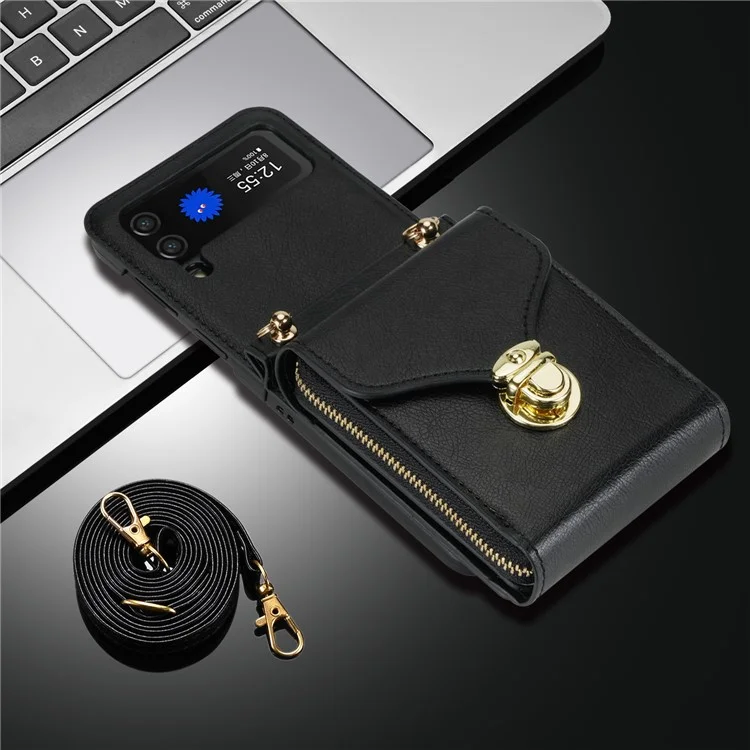 Для Samsung Galaxy Z Flip4 5G Zipper Pocket Card Slot Phone Case PU Leather+TPU+PC Protective Cover - Чёрный