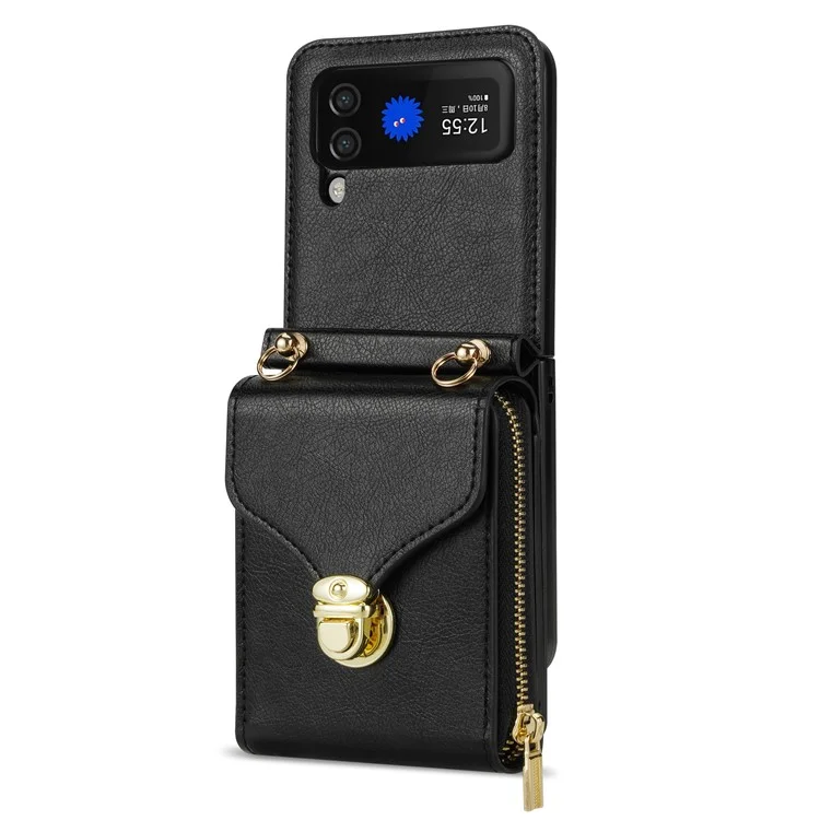 Для Samsung Galaxy Z Flip4 5G Zipper Pocket Card Slot Phone Case PU Leather+TPU+PC Protective Cover - Чёрный