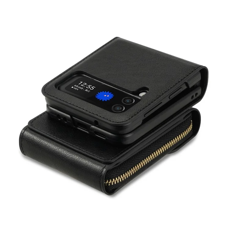 Для Samsung Galaxy Z Flip4 5G Zipper Pocket Card Slot Phone Case PU Leather+TPU+PC Protective Cover - Чёрный