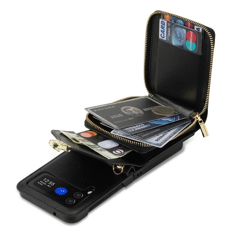 Для Samsung Galaxy Z Flip4 5G Zipper Pocket Card Slot Phone Case PU Leather+TPU+PC Protective Cover - Чёрный