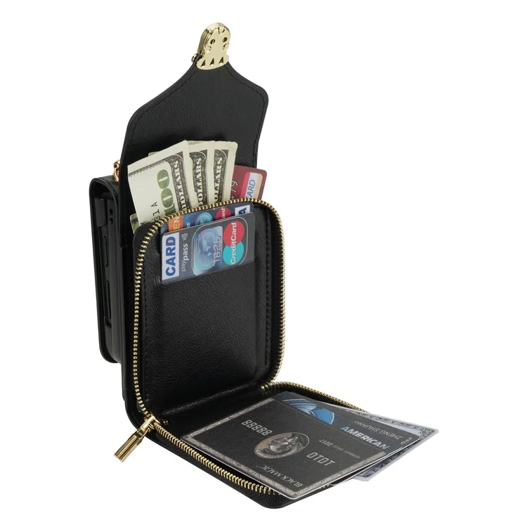 Для Samsung Galaxy Z Flip4 5G Zipper Pocket Card Slot Phone Case PU Leather+TPU+PC Protective Cover - Чёрный