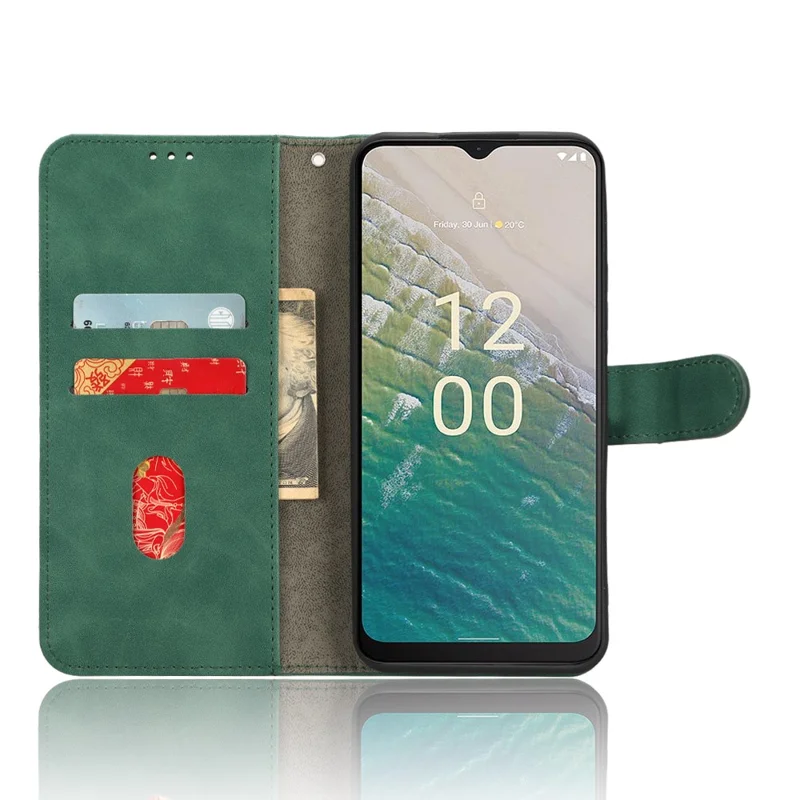 For Nokia C32 Anti-Drop Wallet Phone Case Skin-Touch Protective PU Leather Phone Cover with Stand - Green