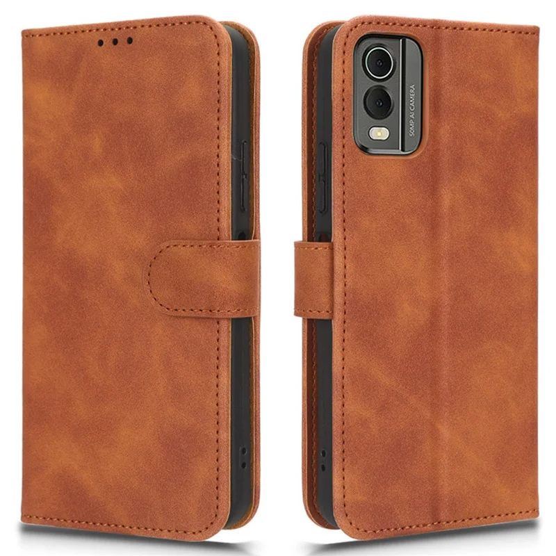 For Nokia C32 Anti-Drop Wallet Phone Case Skin-Touch Protective PU Leather Phone Cover with Stand - Brown