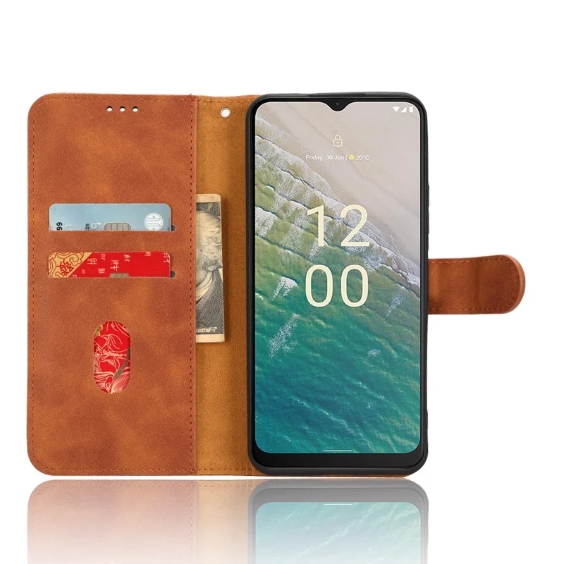 For Nokia C32 Anti-Drop Wallet Phone Case Skin-Touch Protective PU Leather Phone Cover with Stand - Brown