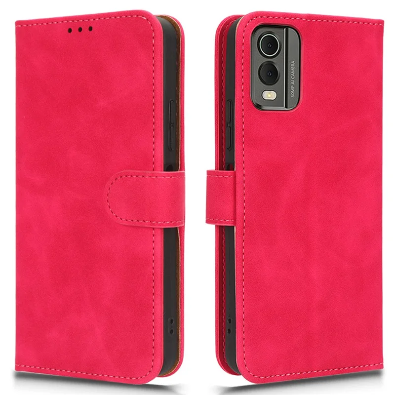 Para Nokia C32 Anti-Drop Wallet Phone Case Skin-Touch Protective PU Leather Phone Cover with Stand - Rojo
